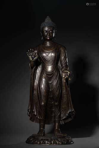 西藏吐蕃王朝合金铜嵌银释迦牟尼佛