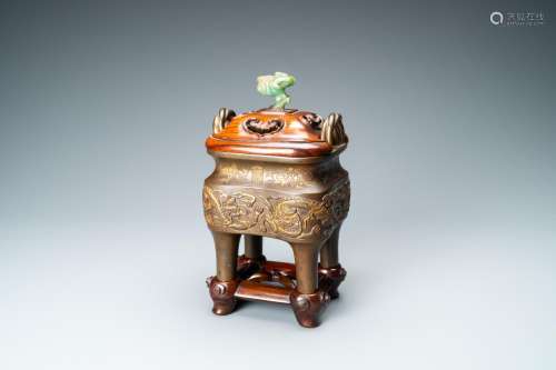 A CHINESE PARTLY GILDED BRONZE CENSER WITH JADE-TOPPED WOODE...