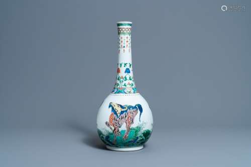 A LARGE CHINESE FAMILLE VERTE BOTTLE VASE WITH MYTHICAL BEAS...
