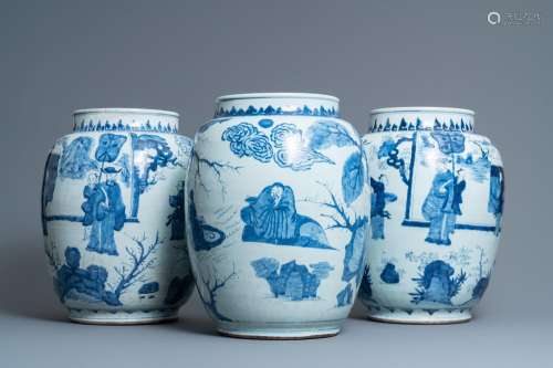 THREE LARGE CHINESE BLUE AND WHITE VASES WITH FIGURES, TRANS...