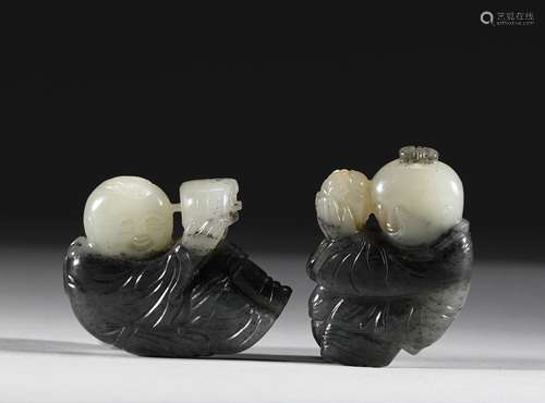 Qing Dynasty - A Pair of Boys with Hetian Jade Blue and Flow...