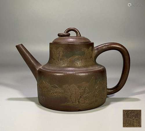 A QING DYNASTY COLORED PAITED PURPLE CLAY POT