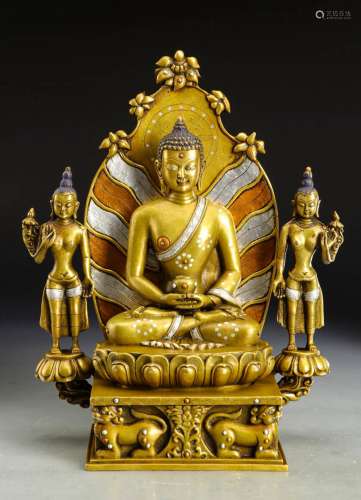 A MING DYNASTY BRONZE GILDED SILVER THREE HOLY BUDDHA STATUE