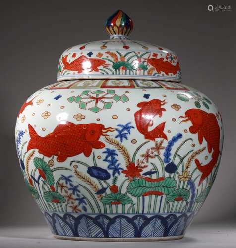 A MING DYNASTY BLUE AND WHITE COLORFUL FISH ALGAE PATTERN JA...