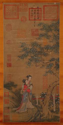 A XUANDE - SILK PAINTING SPRING GARDEN GLOWING FIGURE