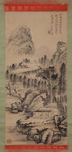 A QING DYNASTY SHI TAO - SILK PAINTING LANDSCAPE FIGURE