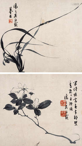 吴让之（1799～1870） 花卉 镜片（原装裱） （二开） 水墨纸本