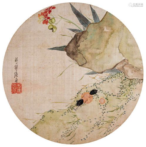 居廉（1828～1904） 兰石虫草 镜框 设色绢本