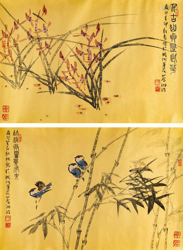 陈湘波（b.1963） 花鸟 镜片 （二开） 设色泥金笺