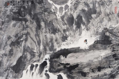 亚明（1924～2002） 观瀑 镜片 设色纸本