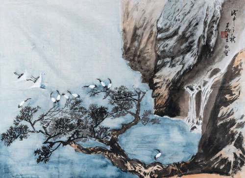 黄磊生（1928～2018） 崖松鹤声 镜片 设色纸本