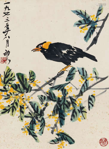 来楚生（1903～1975） 花鸟 立轴（原装裱） 设色纸本