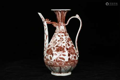 AN UNDERGLAZE RED EIGHT ARRISES EWER