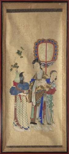 Chine, XIXe siècle Deux peintures sur soie représentant troi...