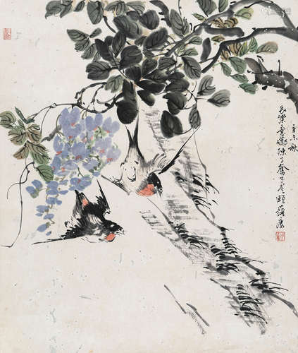 陈子奋（1898～1976） 紫藤双燕 镜片（原裱装） 设色纸本