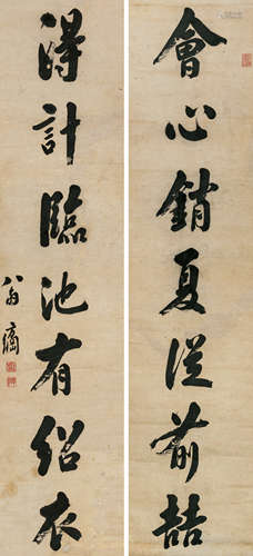 翁方纲（1733～1818） 行书七言联 立轴（原装裱） 水墨纸本