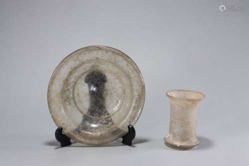 中古琉璃撇口筒形杯、盤一組