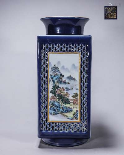 “大清乾隆年制”款 藍釉鏤空山水圖方瓶