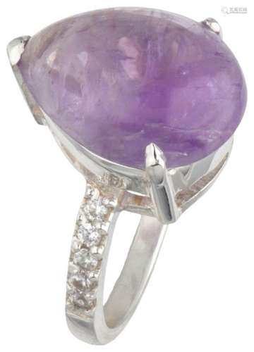 Silver ring set with amethyst and white stones.