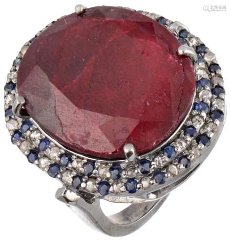 Sterling silver ring set with ruby, sapphire and diamond.