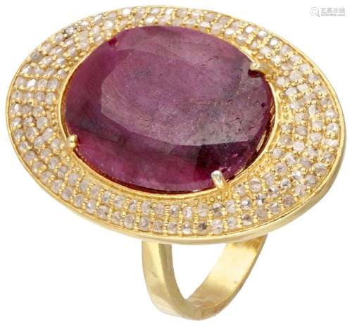 Sterling gold plated silver ring set with ruby ​​and diamond...