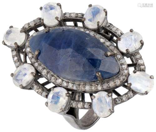 Sterling silver ring set with sapphire, moonstone and diamon...