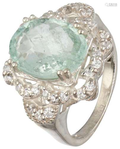 Sterling silver ring set with aquamarine and white stones.