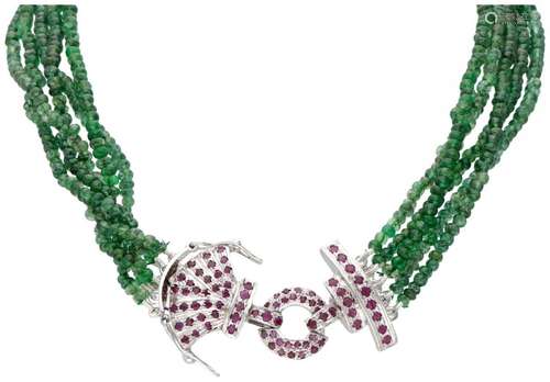 Five-row necklace with green stones and a silver colored clo...