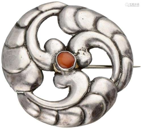 Sterling silver Danish design Skonvirke brooch set with red ...