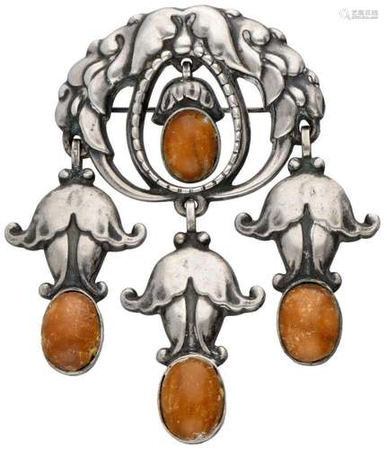 Early 830 silver no.95 brooch set with amber by Danish desig...