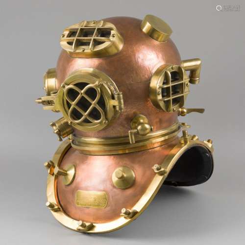A replica brass 12-bolt United States Navy diving helmet, Un...