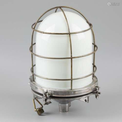 A large milk glass chromed copper cage lamp, ceiling model, ...