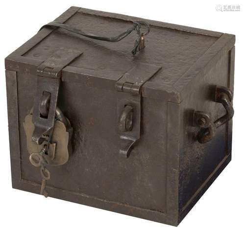 A steel treasury / cash box with key and double lock band.