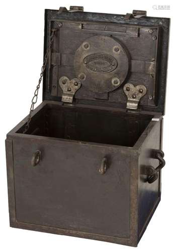 A steel cash box / treasury with key and double lock band.