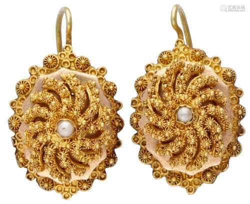 14K. Yellow gold antique Dutch filigree earrings with seed p...