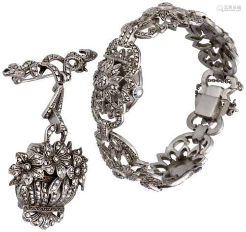 835 Silver vintage watch bracelet and watch brooch, both set...