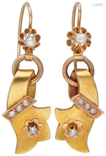 14K. Yellow gold antique earrings set with seed pearls.