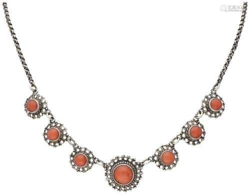 835 Silver vintage necklace set with red coral.