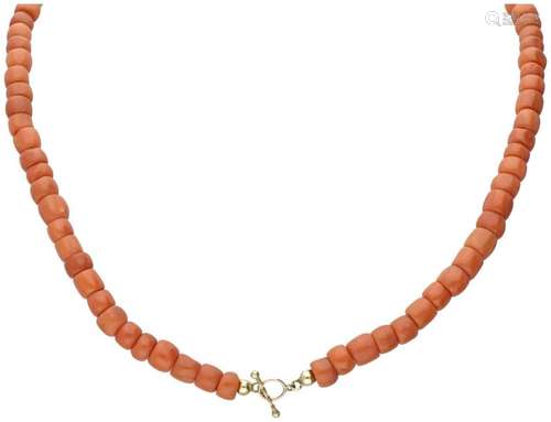 Antique single strand red coral necklace with a 14K. yellow ...