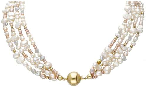 Four-row Schoeffel freshwater pearl necklace with a 18K. yel...