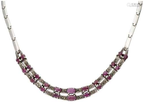 Sterling silver necklace set with approx. 2.84 ct. ruby ​​an...