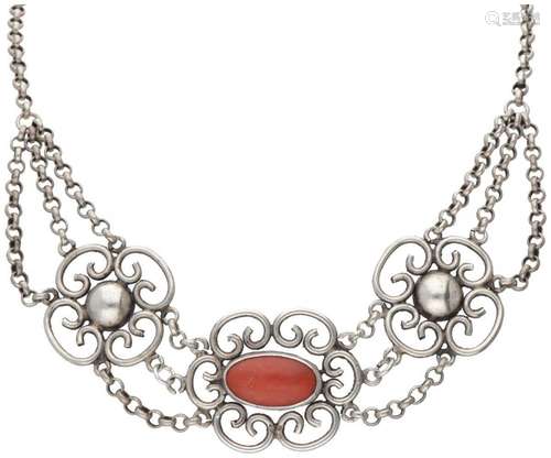 800 Silver vintage necklace set with approx. 3.28 ct. red co...