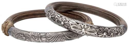 Set of two 835 silver and bamboo bangle bracelets.