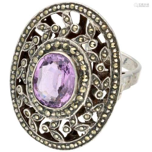 Sterling silver openwork vintage cocktail ring with amethyst...