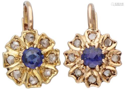 18K. Yellow gold antique cluster earrings set with diamond a...