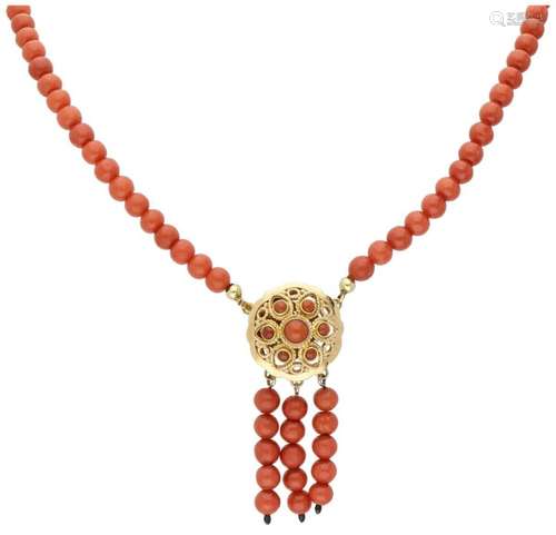 Single strand red coral necklace with a 14K. yellow gold ope...