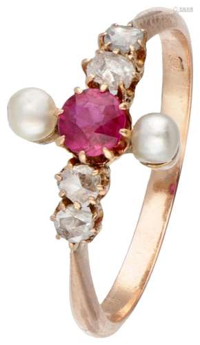 14K. Rose gold antique ring set with diamond, synthetic ruby...