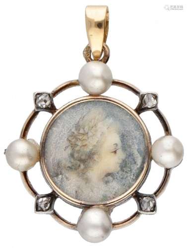 14K. Rose gold pendant with a painted portrait of a woman, d...