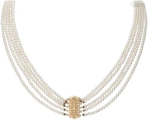 Five-row vintage freshwater pearl necklace with a 14K. yello...