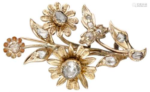 14K. Yellow gold antique flower brooch set with rose cut dia...